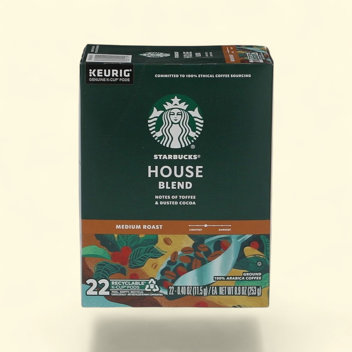 Treatspree Starbucks House Blend medium roast coffee K-Cup pods, 22 count, with notes of toffee and cocoa.