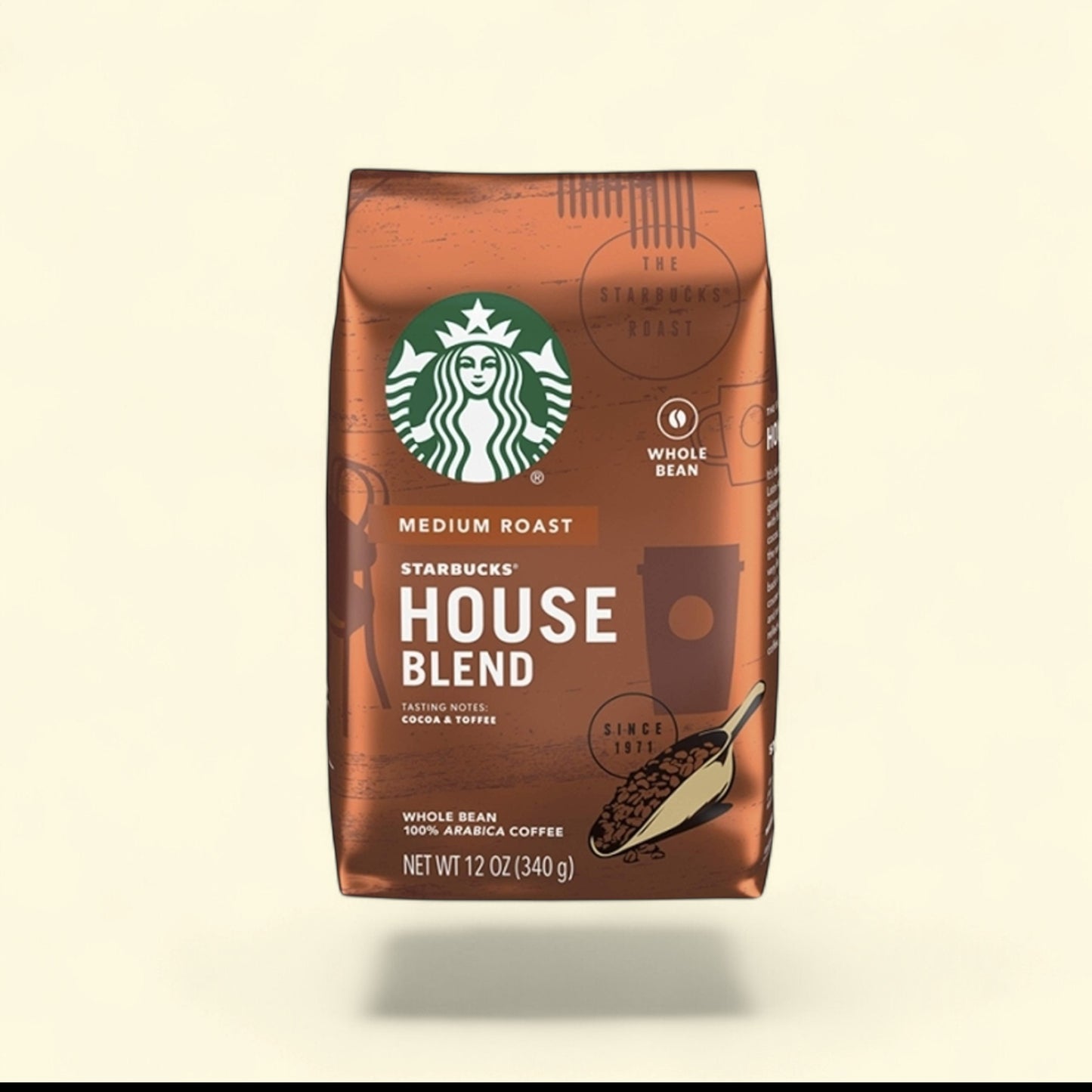 Treatspree Starbucks House Blend Medium Roast ground coffee bag, 12 oz, featuring tasting notes of cocoa and toffee.