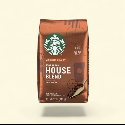 Treatspree Starbucks House Blend Medium Roast ground coffee bag, 12 oz, featuring tasting notes of cocoa and toffee.