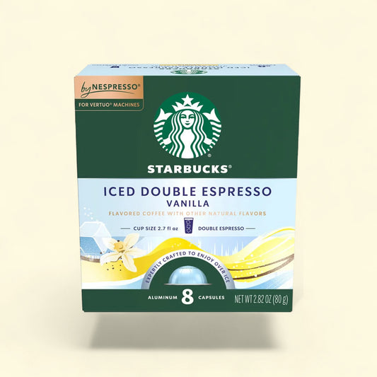 Treatspree Starbucks by Nespresso Vertuo Iced Double Espresso Vanilla coffee pods, 8 count, for Vertuo machines.