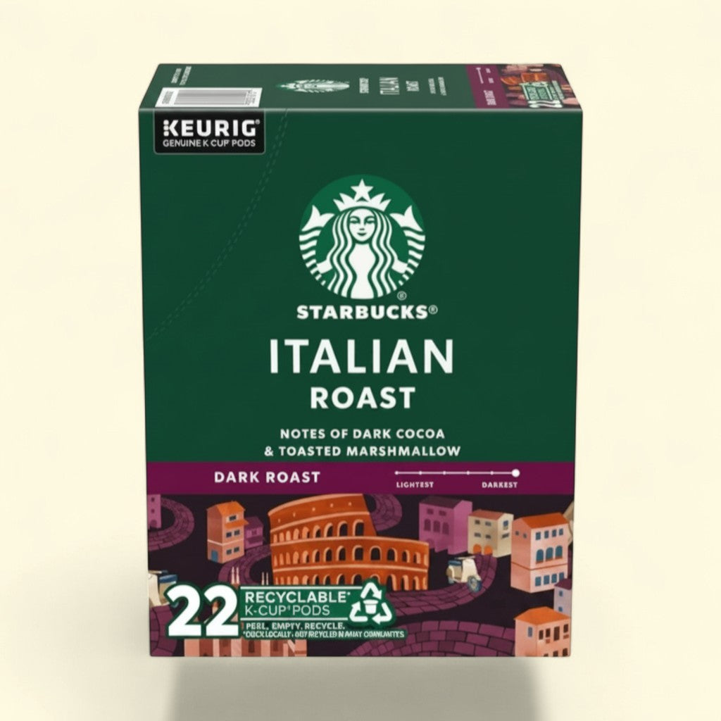 Treatspree Starbucks Italian Dark Roast K-Cup Coffee Pods, 22 count, dark roast with notes of dark cocoa and toasted marshmallow.