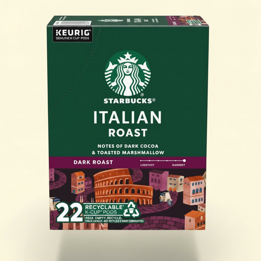 Treatspree Starbucks Italian Roast dark roast K-Cup coffee pods, 22 count, with notes of dark cocoa and toasted marshmallow.