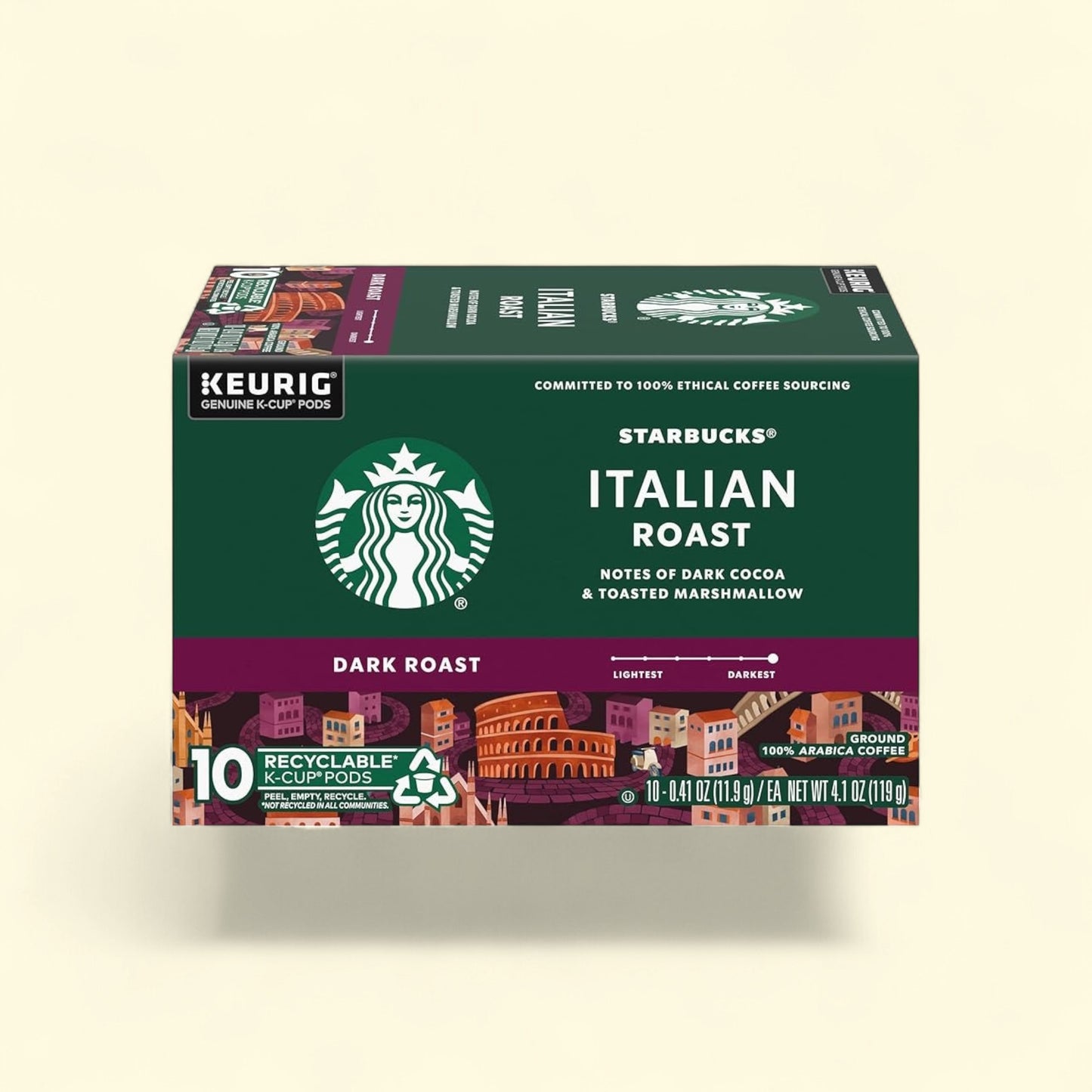 Treatspree Starbucks Italian Roast Dark Roast K-Cup Coffee Pods, 10 count, notes of dark cocoa & toasted marshmallow.