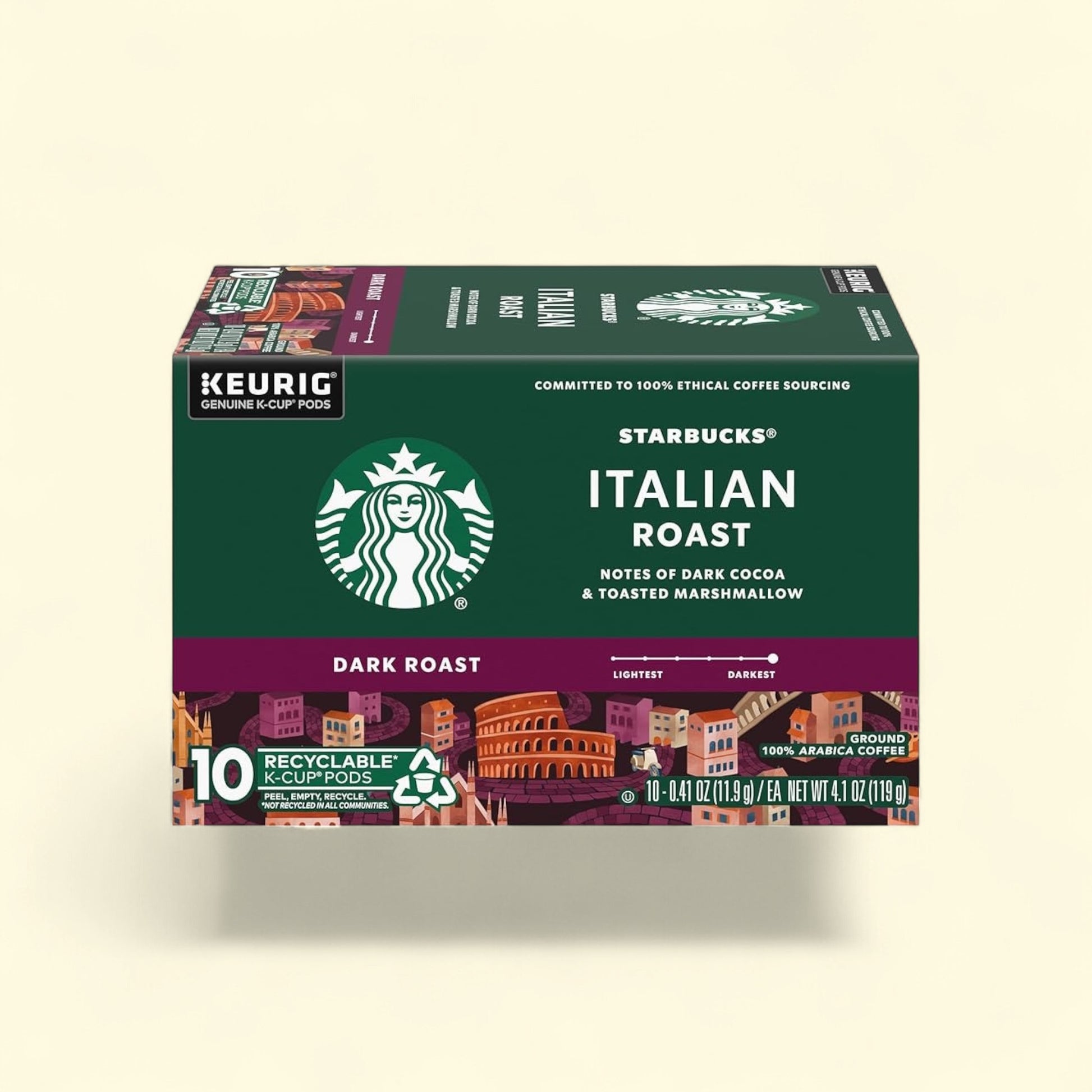 Treatspree Starbucks Italian Roast Dark Roast K-Cup Coffee Pods, 10 count, notes of dark cocoa & toasted marshmallow.