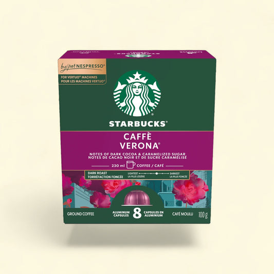 Treatspree Starbucks Nespresso Vertuo Caffè Verona dark roast coffee pods, 8 count, aluminum capsules with notes of dark cocoa and caramelized sugar.
