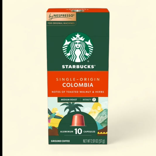 Treatspree Starbucks by Nespresso Colombia single-origin medium roast coffee pods, 10 count aluminum capsules with nutty notes.