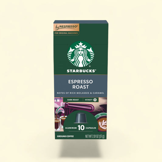 Treatspree Starbucks by Nespresso Espresso Dark Roast coffee pods, 10 count, aluminum capsules, intensity 11.