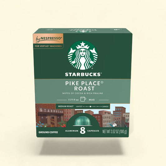Treatspree Starbucks by Nespresso Pike Place Medium Roast coffee pods for Vertuo Machines, 8 count, notes of cocoa and rich praline.