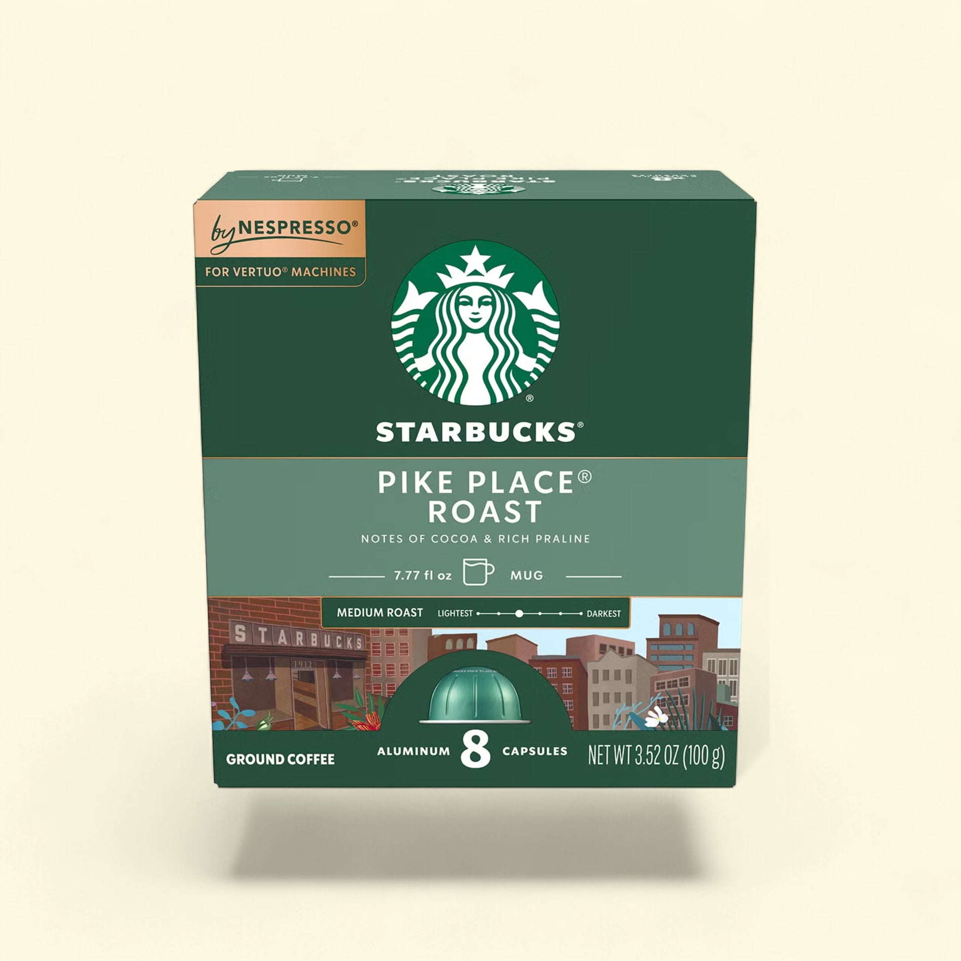 Treatspree Starbucks by Nespresso Vertuo Pike Place Roast coffee capsules, 8 count, medium roast with cocoa and praline notes.
