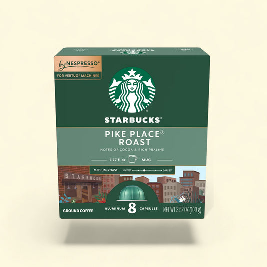 Treatspree Starbucks by Nespresso Vertuo Pike Place Roast coffee capsules, 8 count, medium roast with cocoa and praline notes.