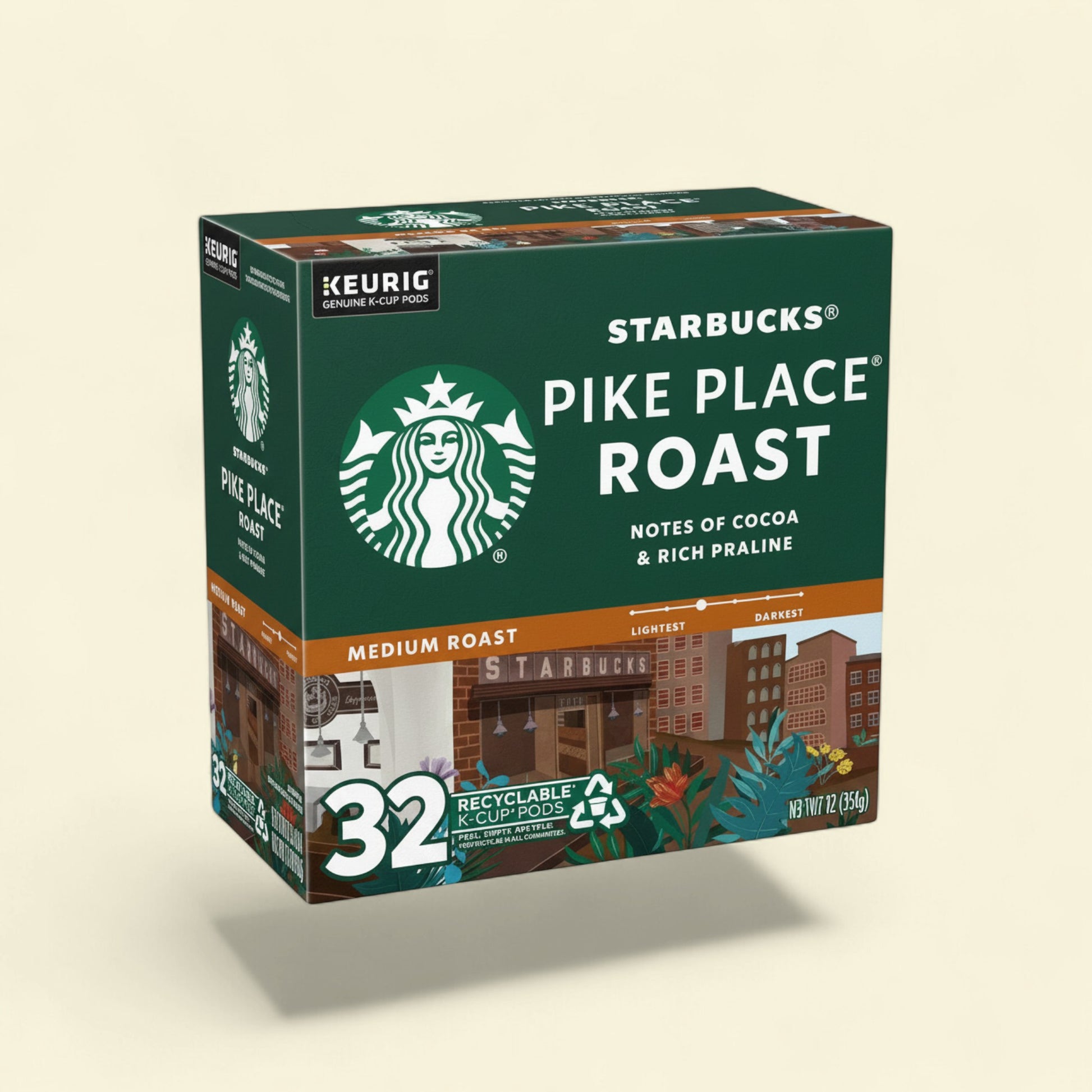 Treatspree Starbucks Pike Place Roast medium roast K-Cup coffee pods, 32 count, notes of cocoa and rich praline.