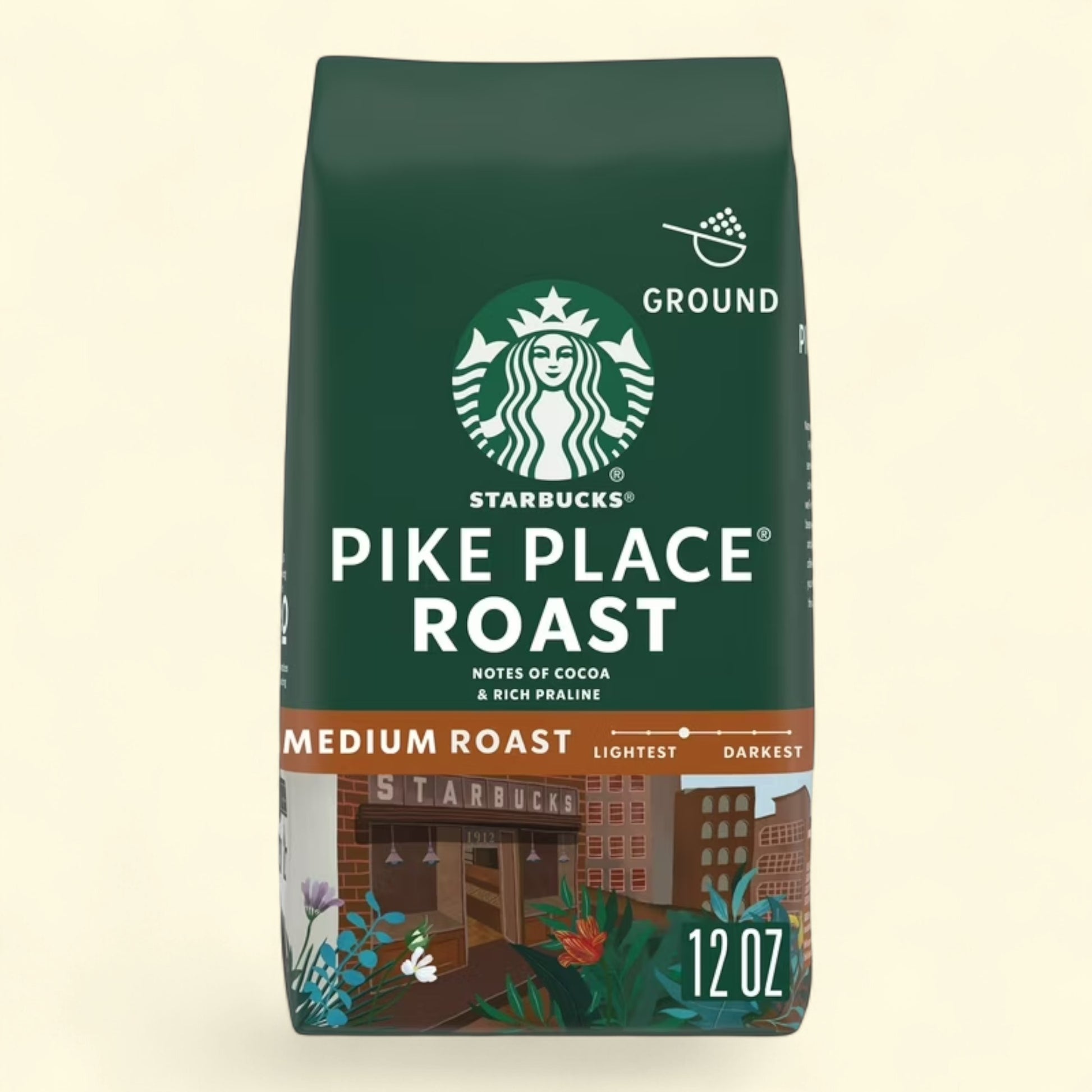 Treatspree Starbucks Pike Place Roast medium roast ground coffee, 12 oz bag with cocoa and praline notes.