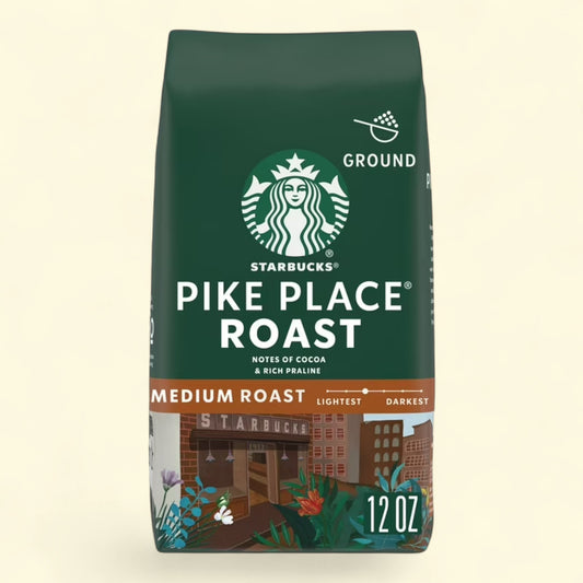 Treatspree Starbucks Pike Place Roast medium roast ground coffee, 12 oz bag with cocoa and praline notes.