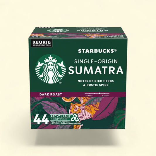 Treatspree Starbucks Sumatra Dark Roast Coffee Pods, 44 count, single-origin, 100% arabica beans, notes of rich herbs and rustic spice.