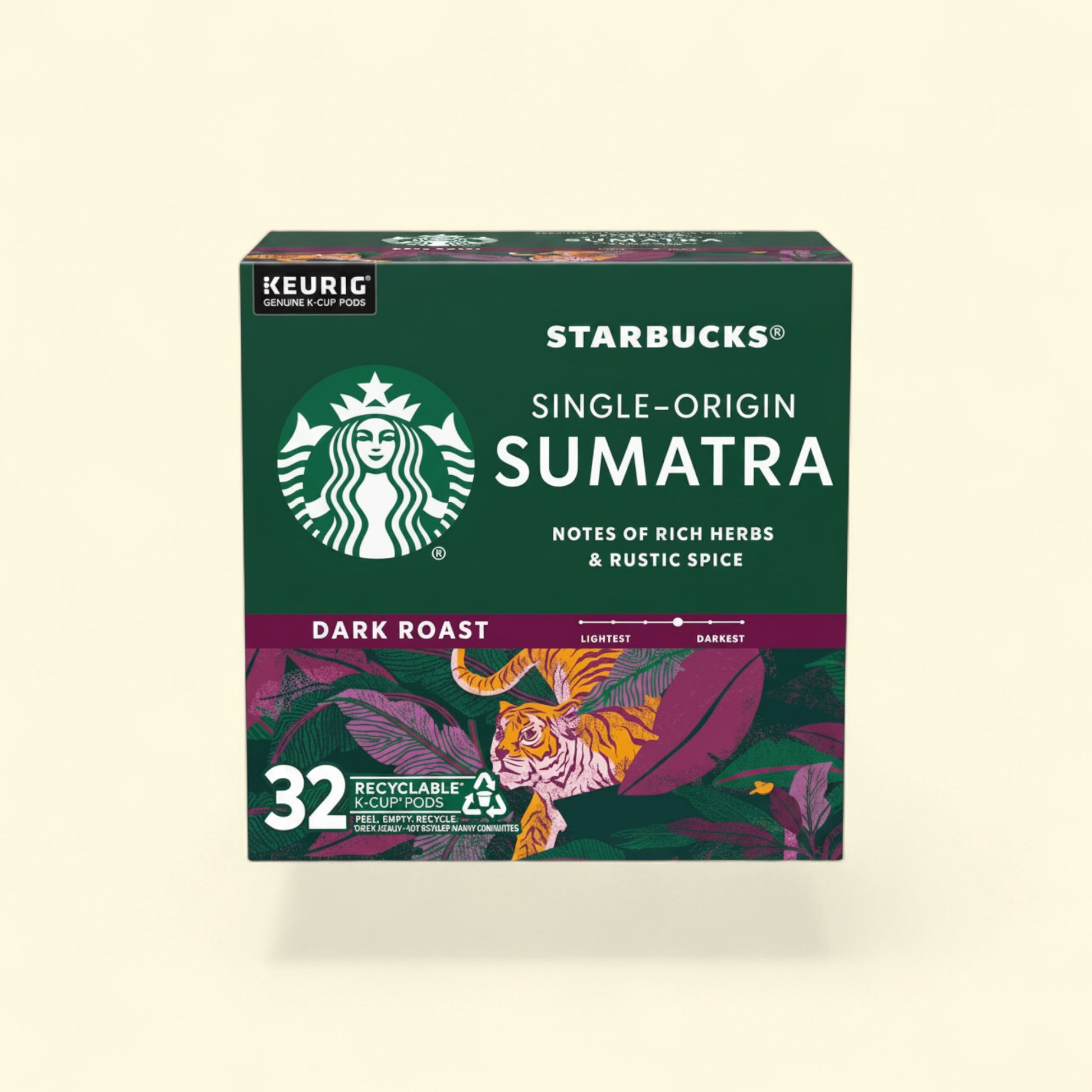 Treatspree Starbucks Sumatra Dark Roast K-Cup Coffee Pods, 32 count. Dark roast coffee with notes of rich herbs and rustic spice.