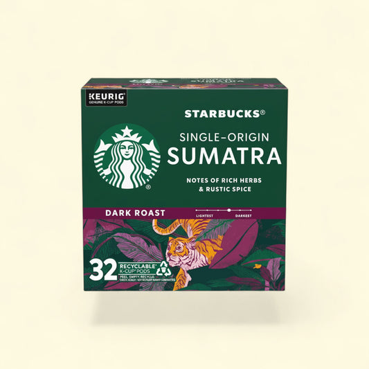 Treatspree Starbucks Sumatra Dark Roast K-Cup Coffee Pods, 32 count. Dark roast coffee with notes of rich herbs and rustic spice.