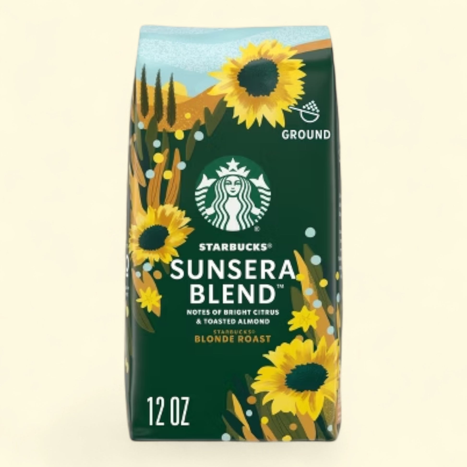 Treatspree Starbucks Sunsera Blend Blonde Roast Ground Coffee, 12 oz bag with sunflower design. Notes of bright citrus & toasted almond.