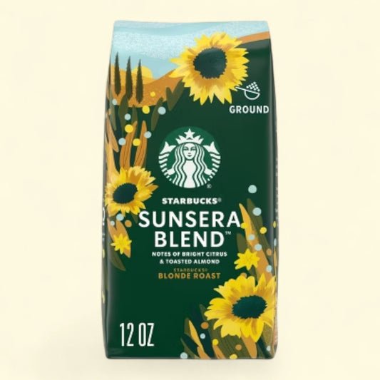 Treatspree Starbucks Sunsera Blend Blonde Roast Ground Coffee, 12 oz bag with sunflower design. Notes of bright citrus & toasted almond.