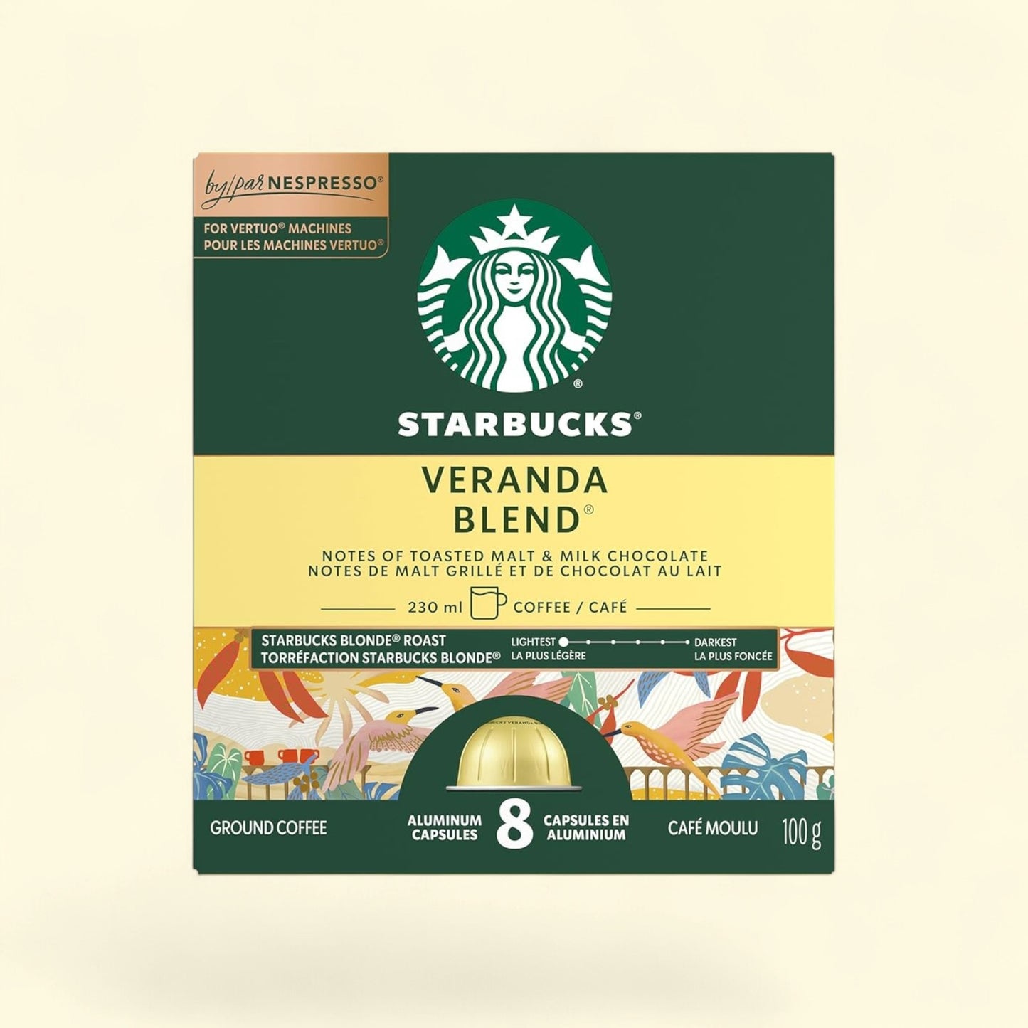 Treatspree Starbucks Veranda Blend light roast coffee pods for Nespresso Vertuo Line machines, 8 aluminum capsules.