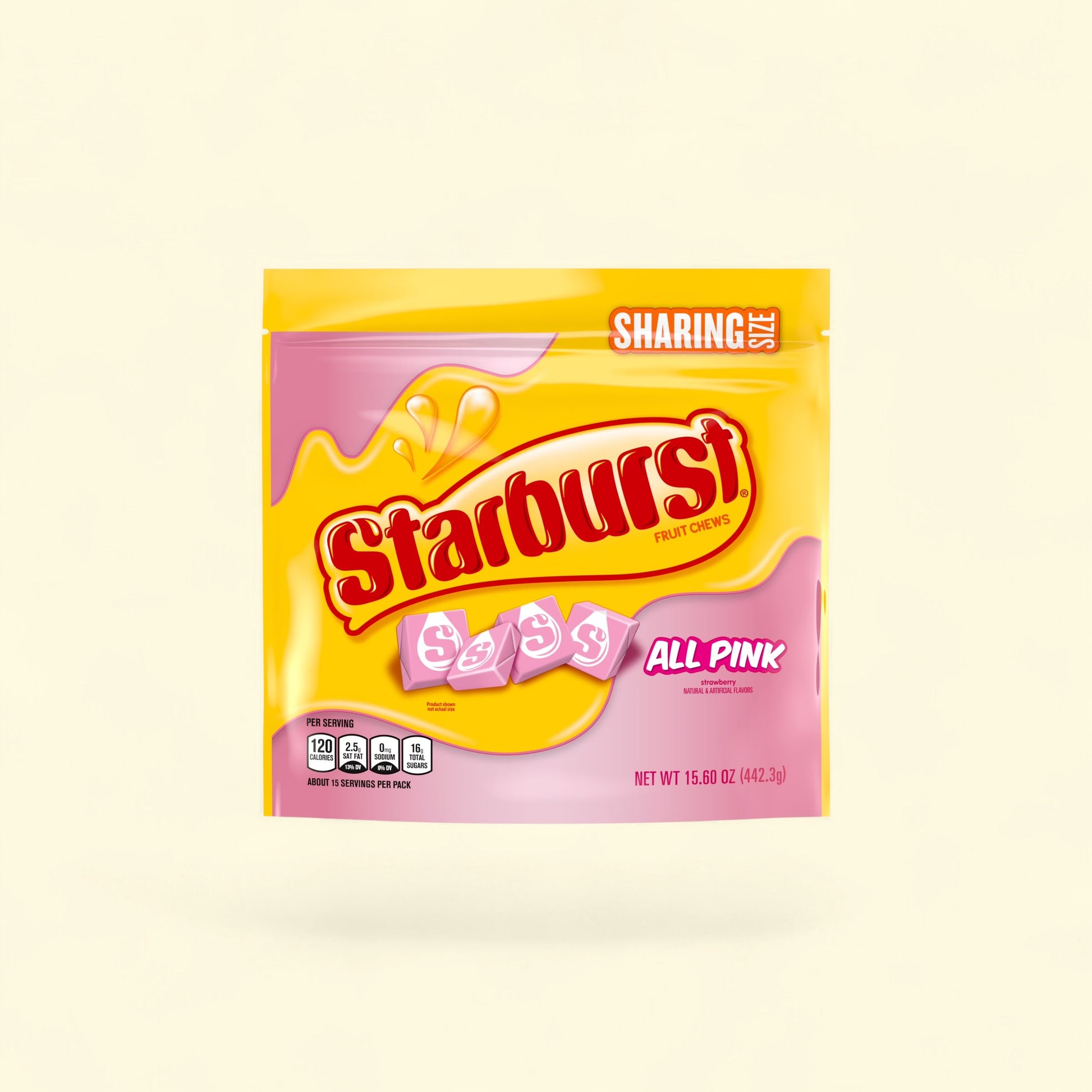 Treatspree Starburst All Pink strawberry fruit chews in a 15.6 oz sharing size bag.