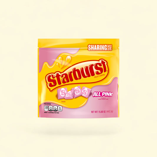 Treatspree Starburst All Pink strawberry fruit chews in a 15.6 oz sharing size bag.