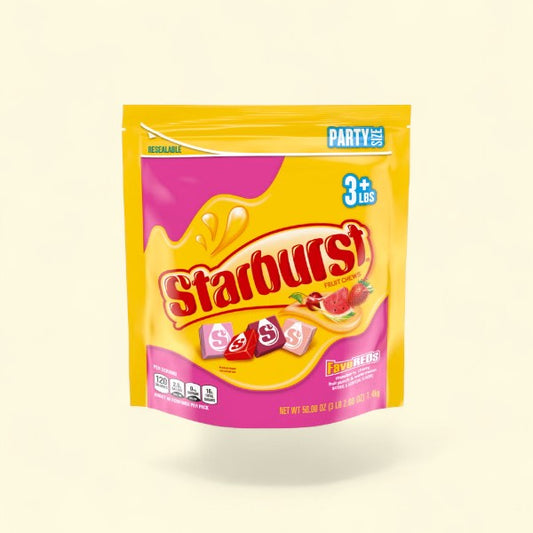 Treatspree Starburst FaveReds Fruit Chews Party Size bag with strawberry, cherry, fruit punch, and watermelon flavors.