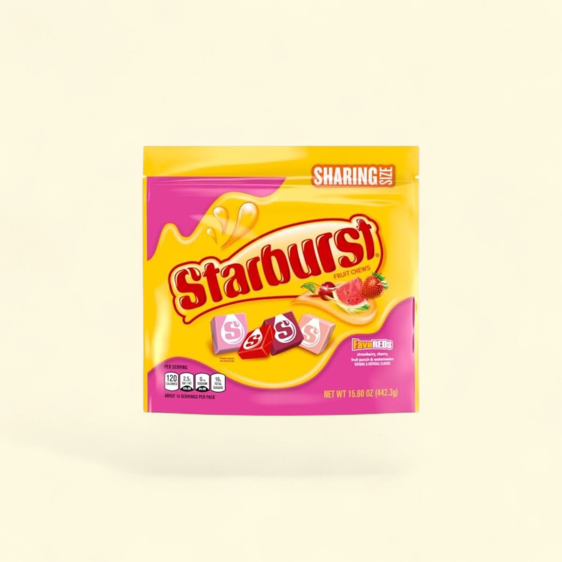 Treatspree Starburst FaveREDS Fruit Chews sharing size bag with strawberry, cherry, fruit punch, and watermelon flavors.