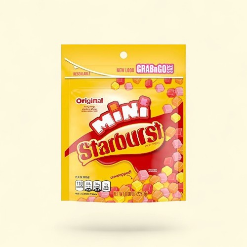 Treatspree Starburst FaveREDs Minis Fruit Chewy Candy, 8 oz resealable bag with cherry, orange, strawberry, and fruit punch flavors.