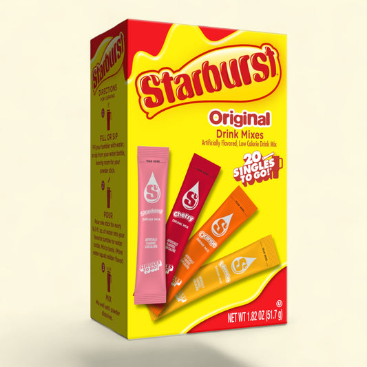 Treatspree Starburst Original Singles To Go Variety Pack drink mixes, 20 count, featuring Strawberry, Cherry, Orange, and Lemon flavors. Low calorie, zero sugar.