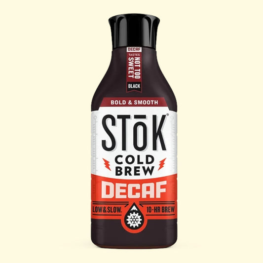 Treatspree SToK Decaf Not Too Sweet Cold Brew Coffee, 48 fl oz bottle, black with red and white label.
