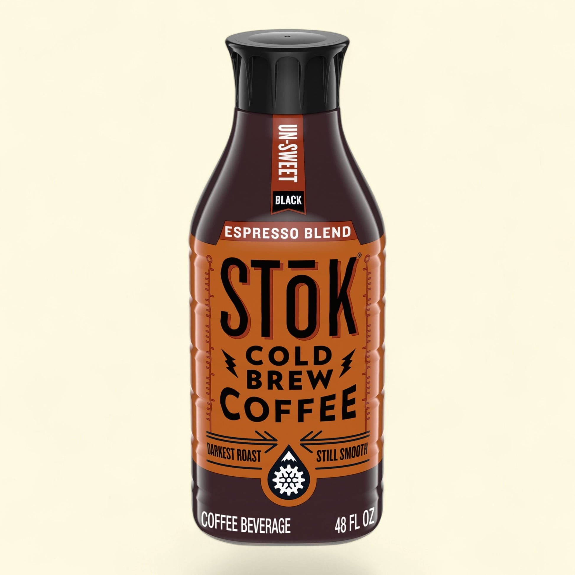 Treatspree Stok Espresso Blend Cold Brew Coffee, 48 oz bottle. Unsweetened black coffee with a dark roast and smooth finish.