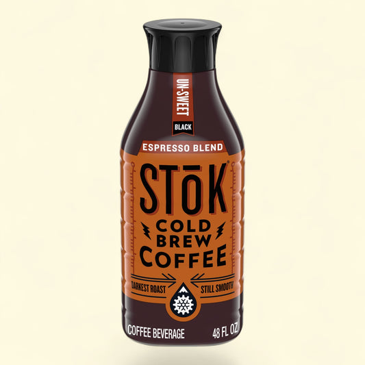 Treatspree Stok Espresso Blend Cold Brew Coffee, 48 oz bottle. Unsweetened black coffee with a dark roast and smooth finish.
