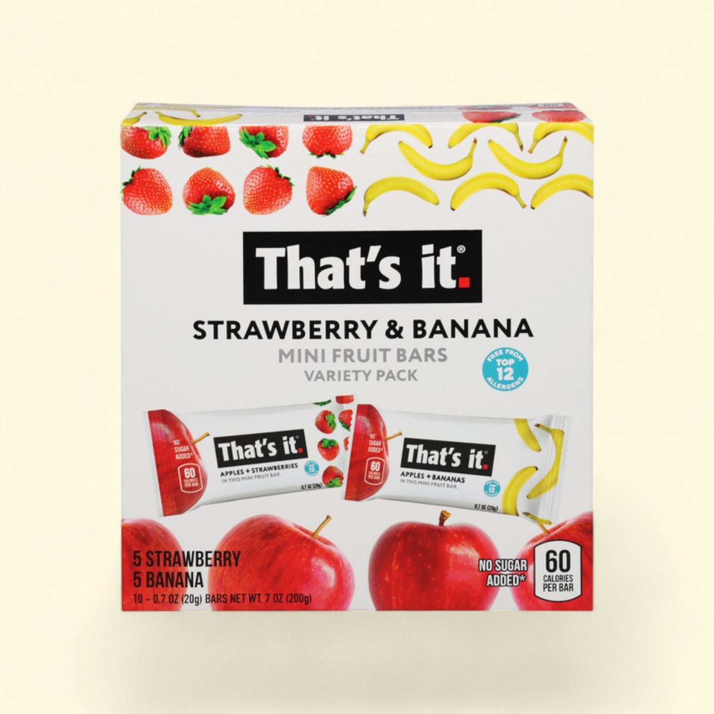 Treatspree That's It. Strawberry Banana Mini Fruit Bars variety pack. Only 2 ingredients, no sugar added, free from top 12 allergens.
