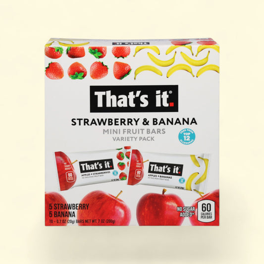 Treatspree That's It. Strawberry Banana Mini Fruit Bars variety pack. Only 2 ingredients, no sugar added, free from top 12 allergens.