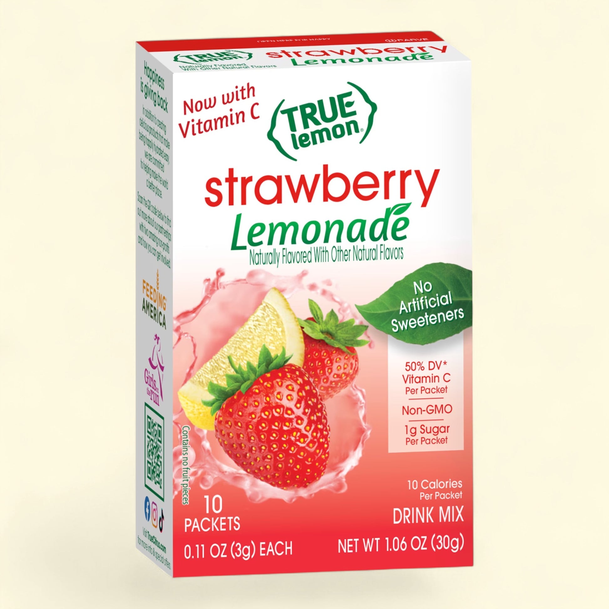 Treatspree True Lemon Strawberry Lemonade drink mix packets, 10 count. Made with real lemons, 10 calories, 1g sugar, no artificial sweeteners.