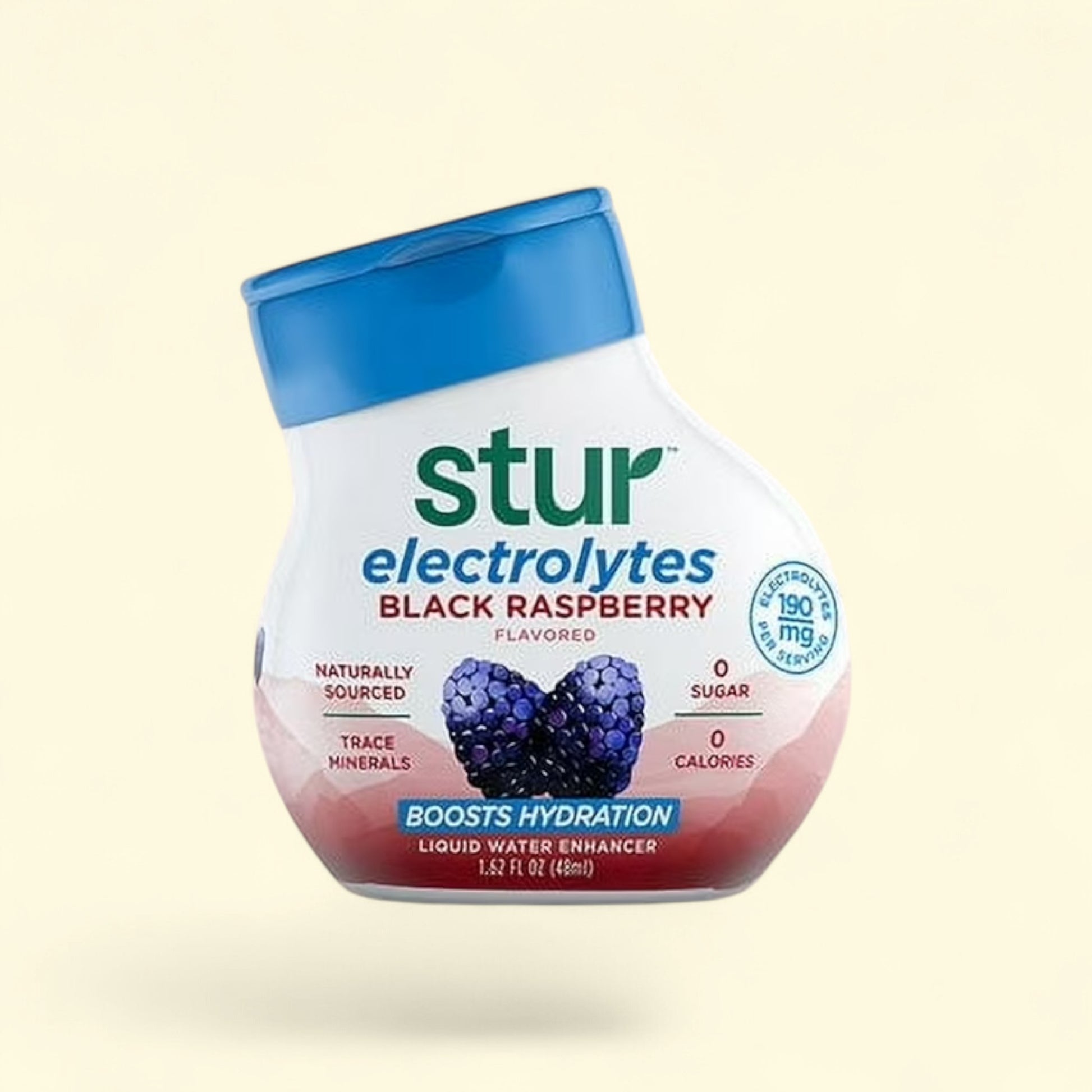 Treatspree Stur Black Raspberry Electrolytes Liquid Water Enhancer, 1.62 fl oz bottle with blue cap, featuring real raspberries and 0 sugar.