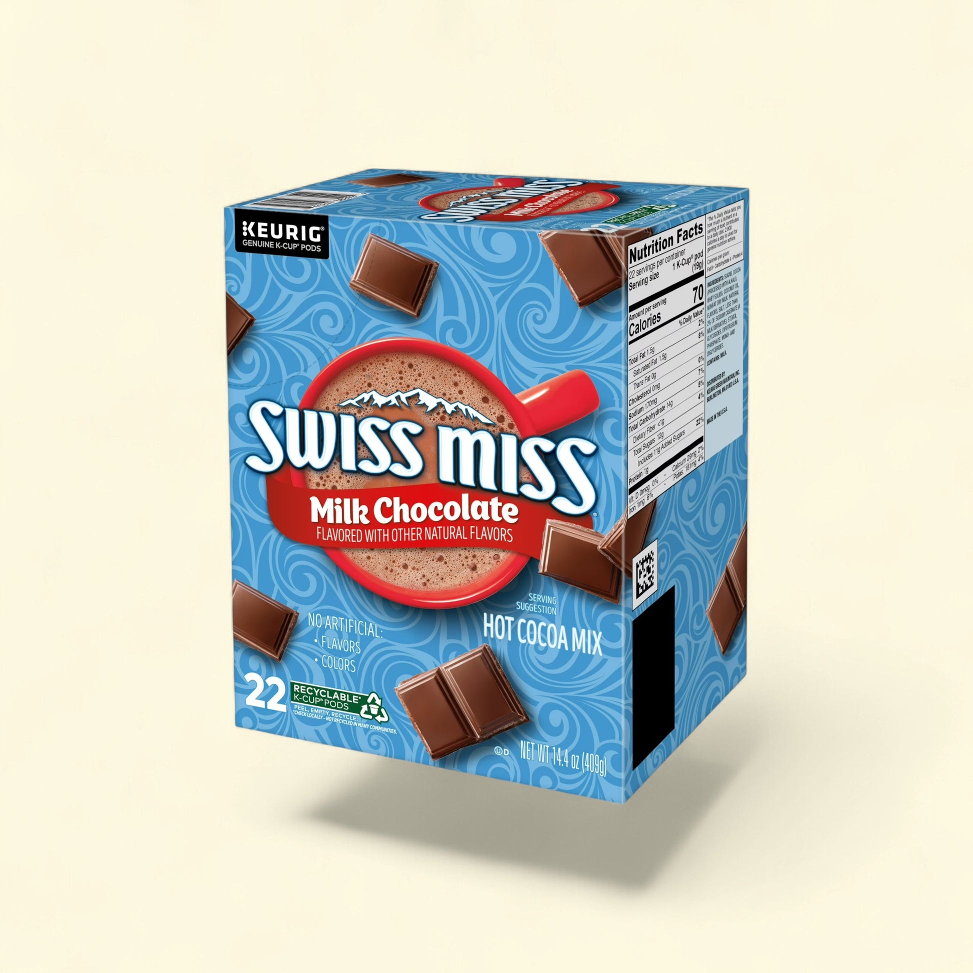 Treatspree Swiss Miss Milk Chocolate Hot Cocoa K-Cup Pods, 22 count box with chocolate squares and a mug of cocoa.