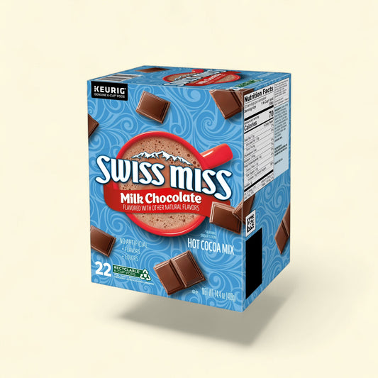 Treatspree Swiss Miss Milk Chocolate Hot Cocoa K-Cup Pods, 22 count box with chocolate squares and a mug of cocoa.