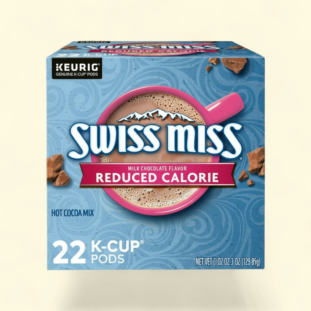 Treatspree Swiss Miss Reduced Calorie Milk Chocolate Hot Cocoa Mix K-Cup Pods, 22 count box with two K-Cups shown.