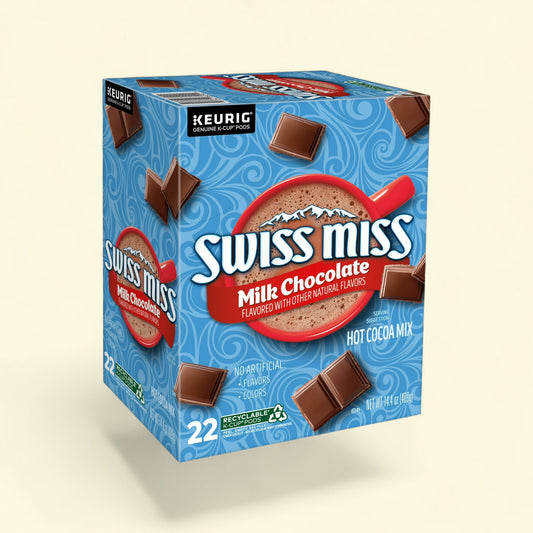 Treatspree Swiss Miss Milk Chocolate Hot Cocoa K-Cup Pods, 22 count box with chocolate squares and a mug of hot cocoa.