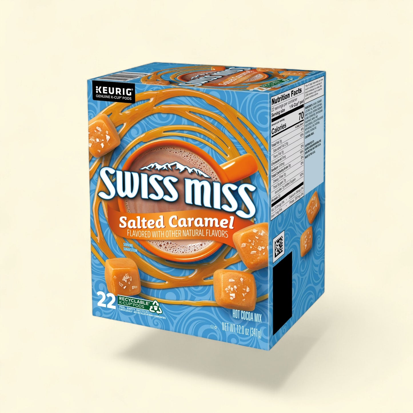 Treatspree Swiss Miss Salted Caramel Hot Cocoa K-Cup Pods, 22 count box with caramel candies.