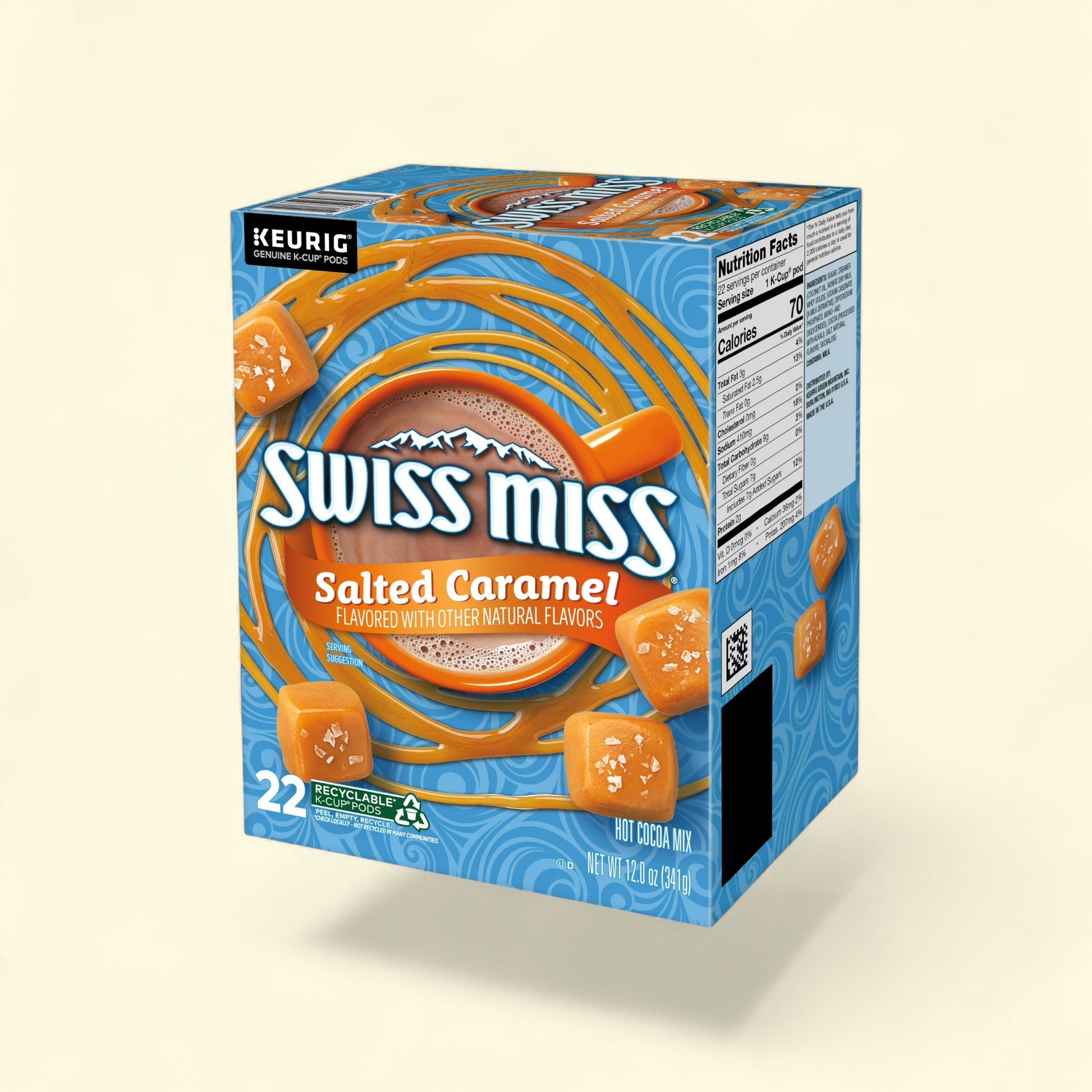Treatspree Swiss Miss Salted Caramel Hot Cocoa K-Cup Pods, 22 count box with caramel candies.