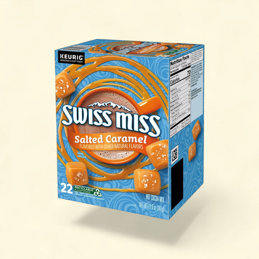 Treatspree Swiss Miss Salted Caramel Hot Cocoa K-Cup Pods, 22 count box with caramel candies.