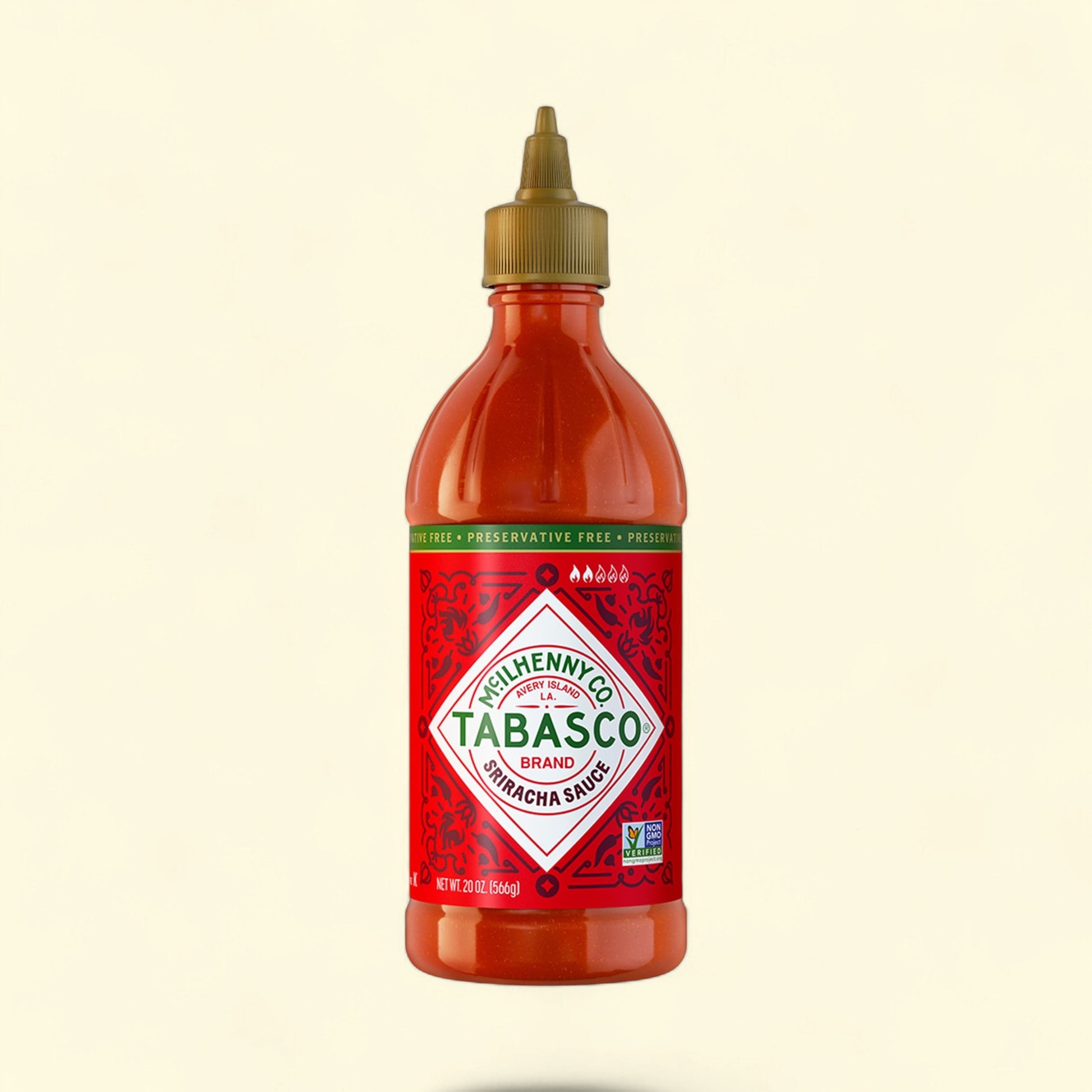 Treatspree Tabasco Sriracha Sauce, 20 oz bottle with red sauce and gold cap. Features a diamond label with white and red details.