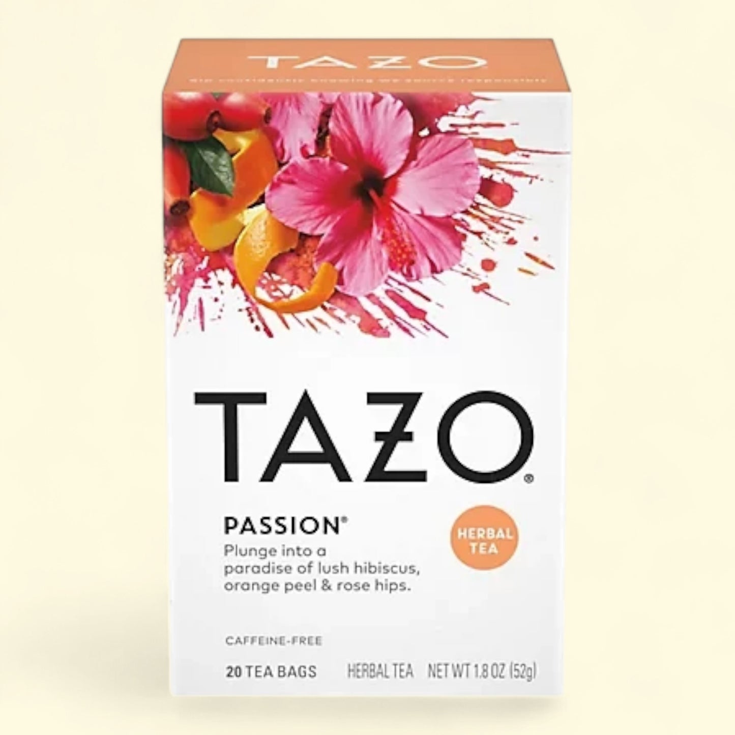 Treatspree Tazo Passion Herbal Tea Bags, caffeine-free blend with hibiscus, orange peel, and rose hips. 20 tea bags.