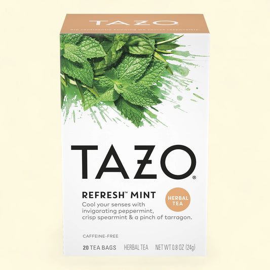 Treatspree Tazo Organic Refresh Mint Herbal Tea Bags, 20 count box with mint leaves and green watercolor splash.