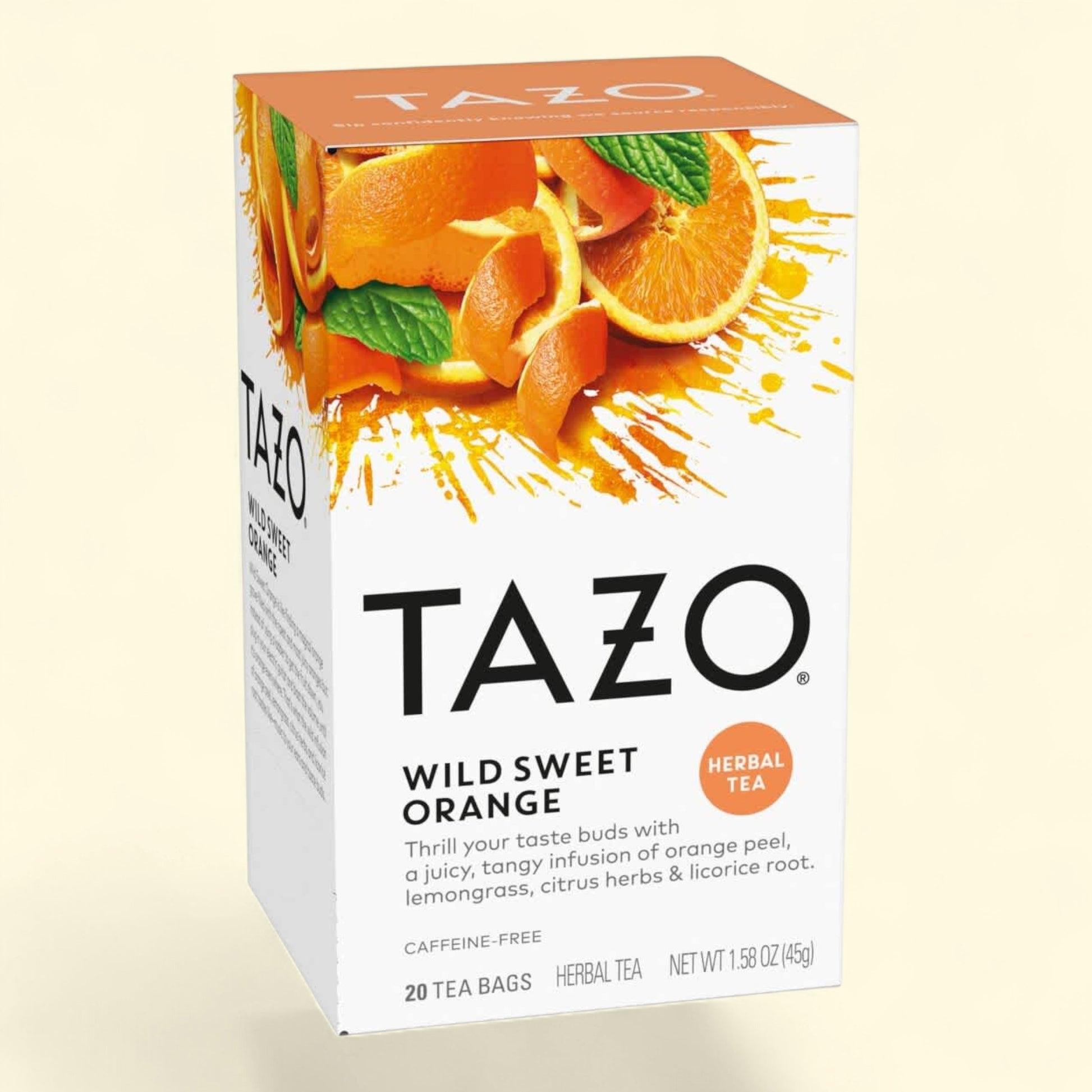 Treatspree Tazo Wild Sweet Orange Herbal Tea bags, caffeine-free, 20 count box with orange slices and mint.