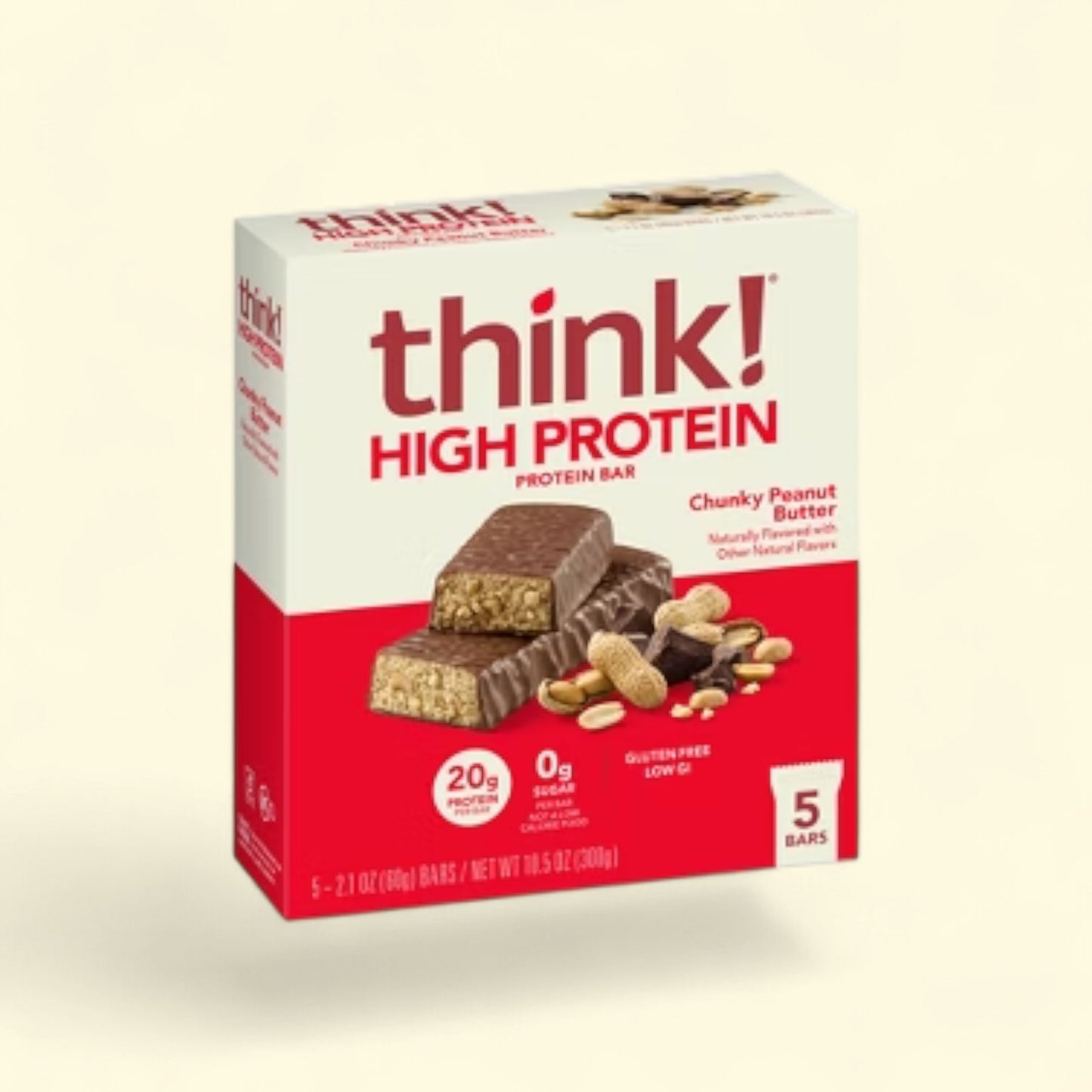 Treatspree think! High Protein Chunky Peanut Butter Bars, 5ct. Chocolate-coated peanut bars with 20g protein, 0g sugar. Gluten-free.