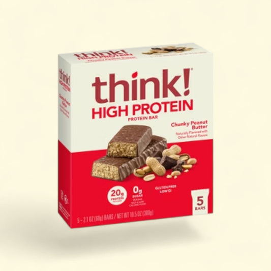 Treatspree think! High Protein Chunky Peanut Butter Bars, 5ct. Chocolate-coated peanut bars with 20g protein, 0g sugar. Gluten-free.