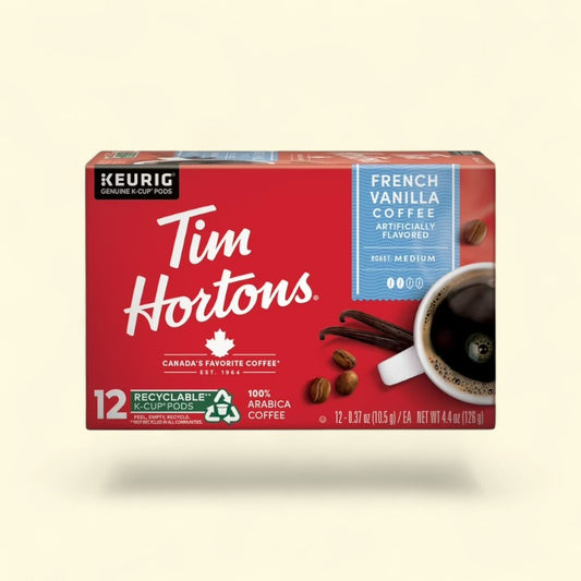 Treatspree Tim Hortons French Vanilla K-Cup Coffee Pods, 12 count, medium roast, 100% Arabica coffee.
